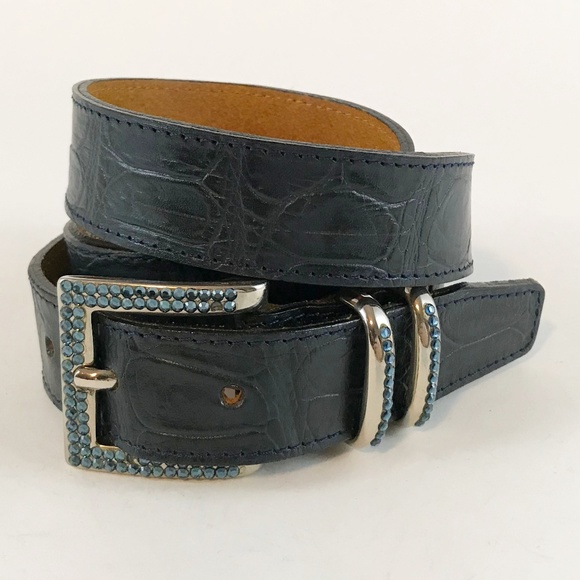 Vintage Accessories - Dark Blue Crocodile Belt with Light Blue Stones